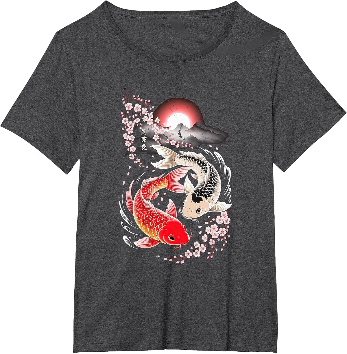 Koi Fish Yin Yang with Cherry Blossom and Water Waves Art T-Shirt - Dark Heather Grey