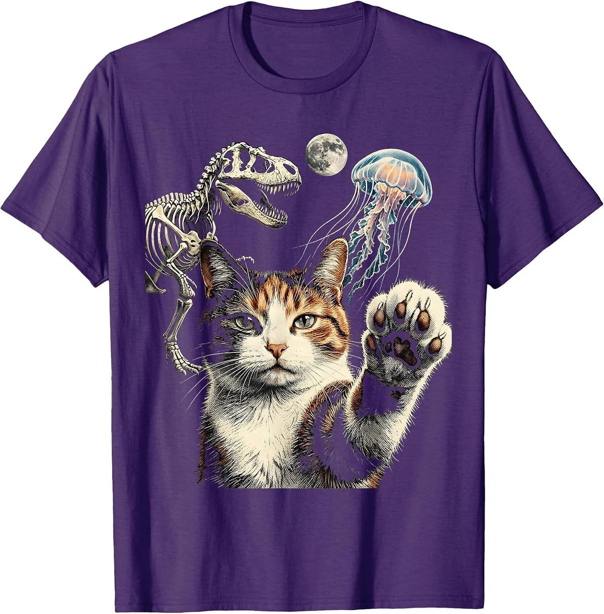 Cat Selfie T-Rex Skeleton Jellyfish Cryptid Funny Cat Lover T-Shirt - Purple