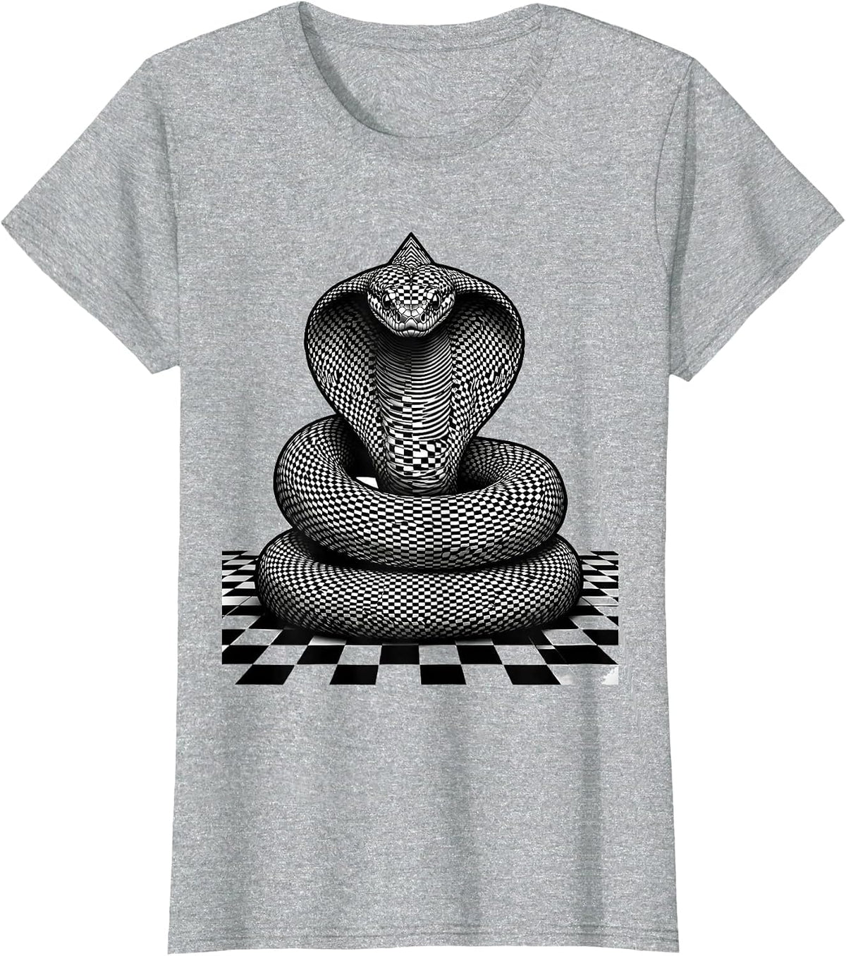 Snake Coiled on Black and White Checkered Floor T-Shirt - Heather Grey