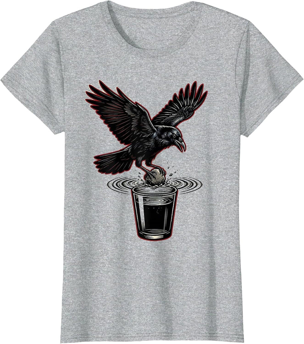 Women's Clever Crow Dropping Stone Into Water Glass T-Shirt - Heather Grey