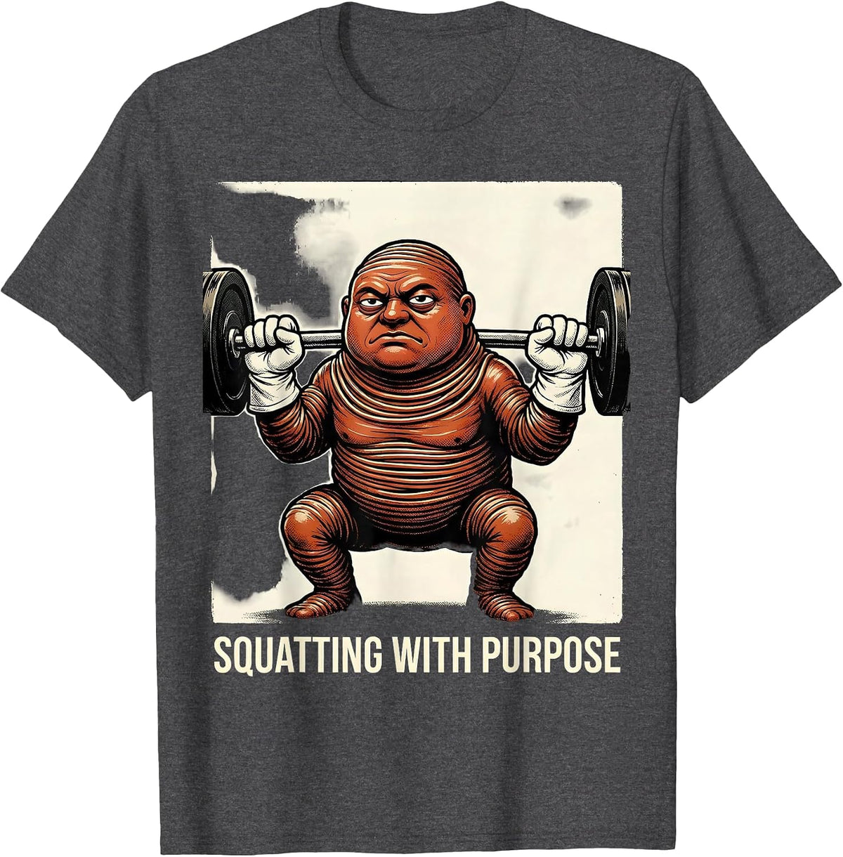 Men's Squatting With Purpose Retro Cartoon Funny Gym Weightlifting T-Shirt - Dark Heather Grey