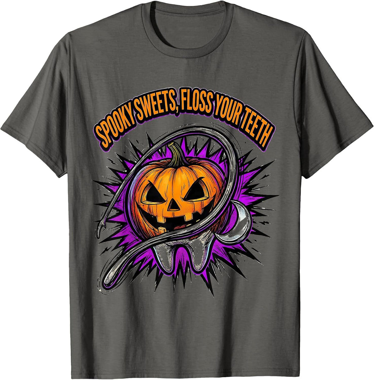 Spooky Sweets Floss Your Teeth Comic Book Dentist Halloween T-Shirt - Asphalt Grey