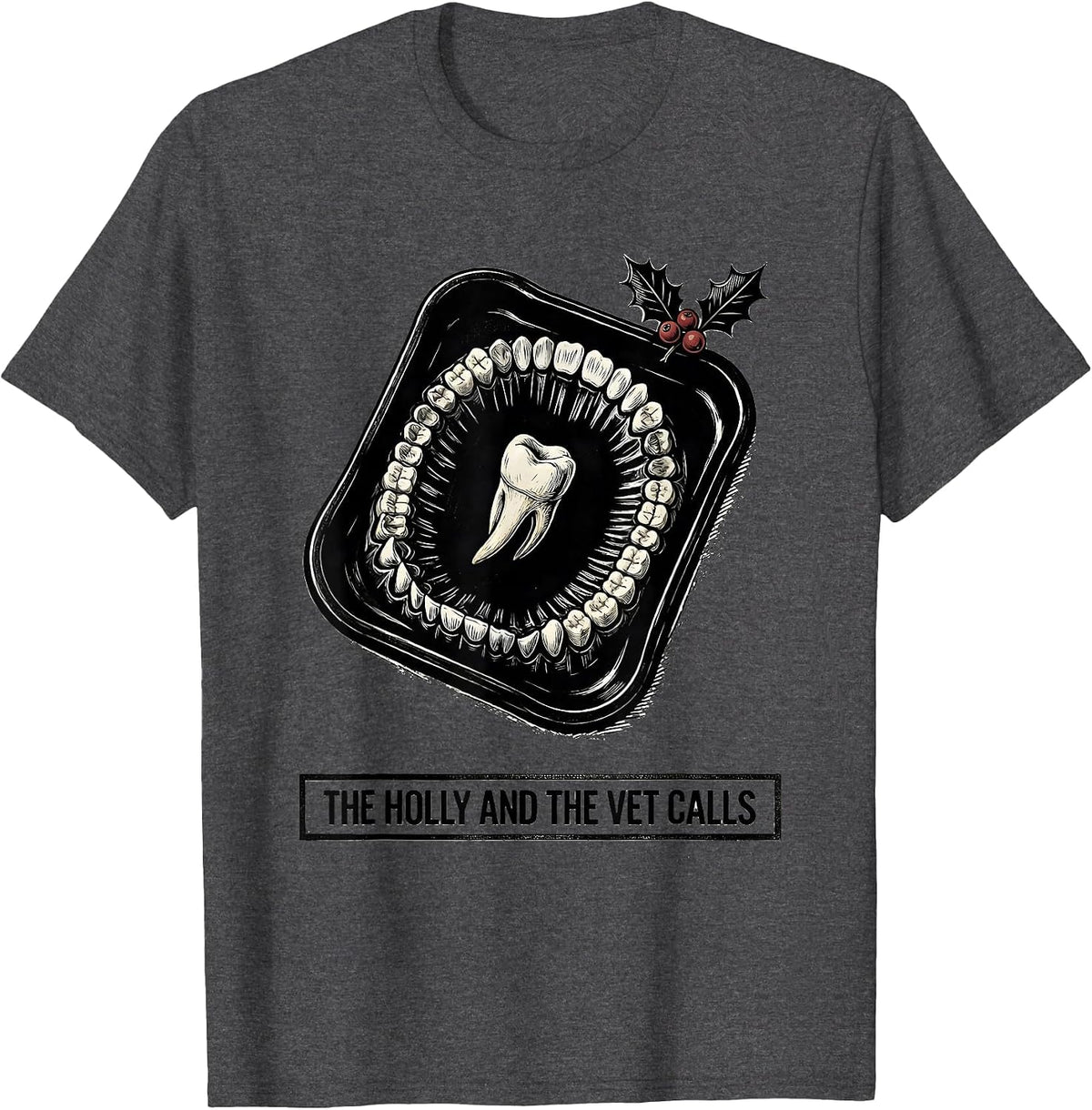 Men's The Holly And The Vet Calls Funny Veterinary Tech Christmas T-Shirt - Dark Heather Grey