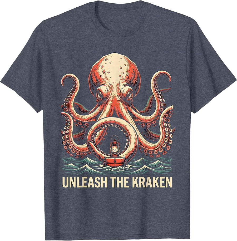 Unleash The Kraken Playful Octopus Sea Monster Ocean Lover T-Shirt - Heather Blue