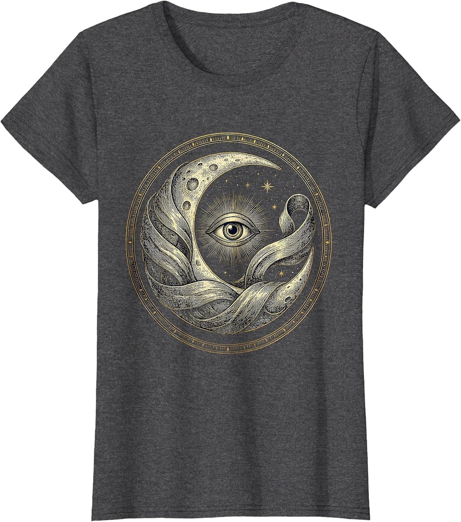 Women's Crescent Moon Aurora Borealis Night Sky Design T-Shirt - Dark Heather Grey