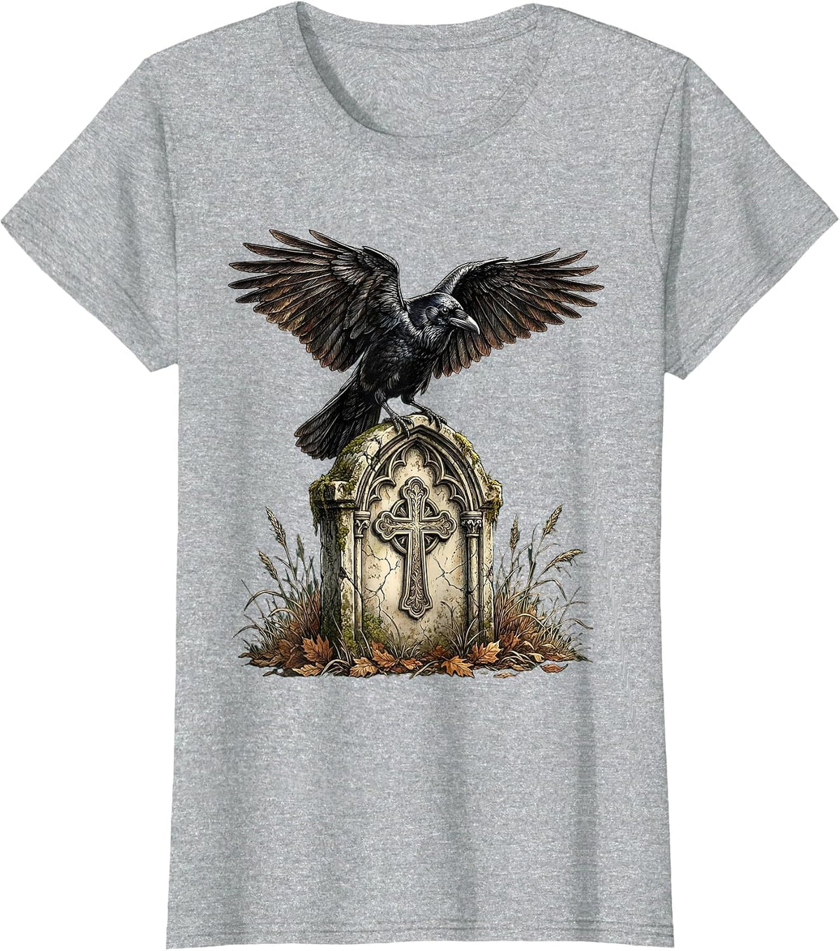 Women's Gothic Crow on Gravestone Halloween Design T-Shirt - Heather Grey