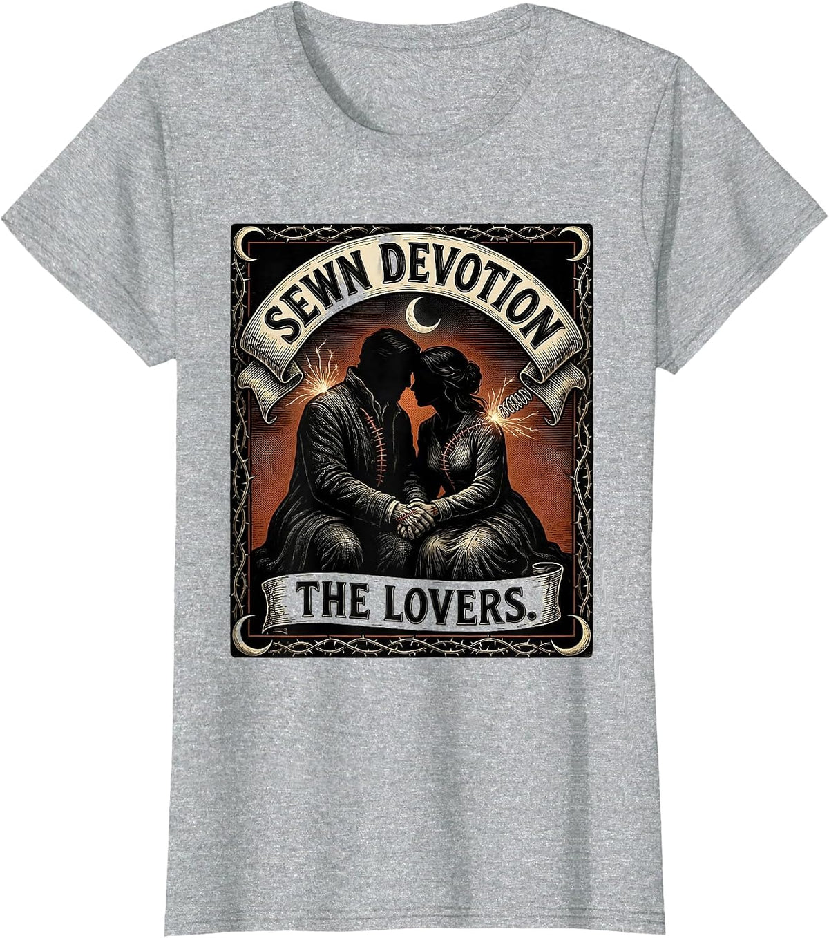 Women's Sewn Devotion The Lovers Woodcut Engraving Horror Romance T-Shirt - Heather Grey