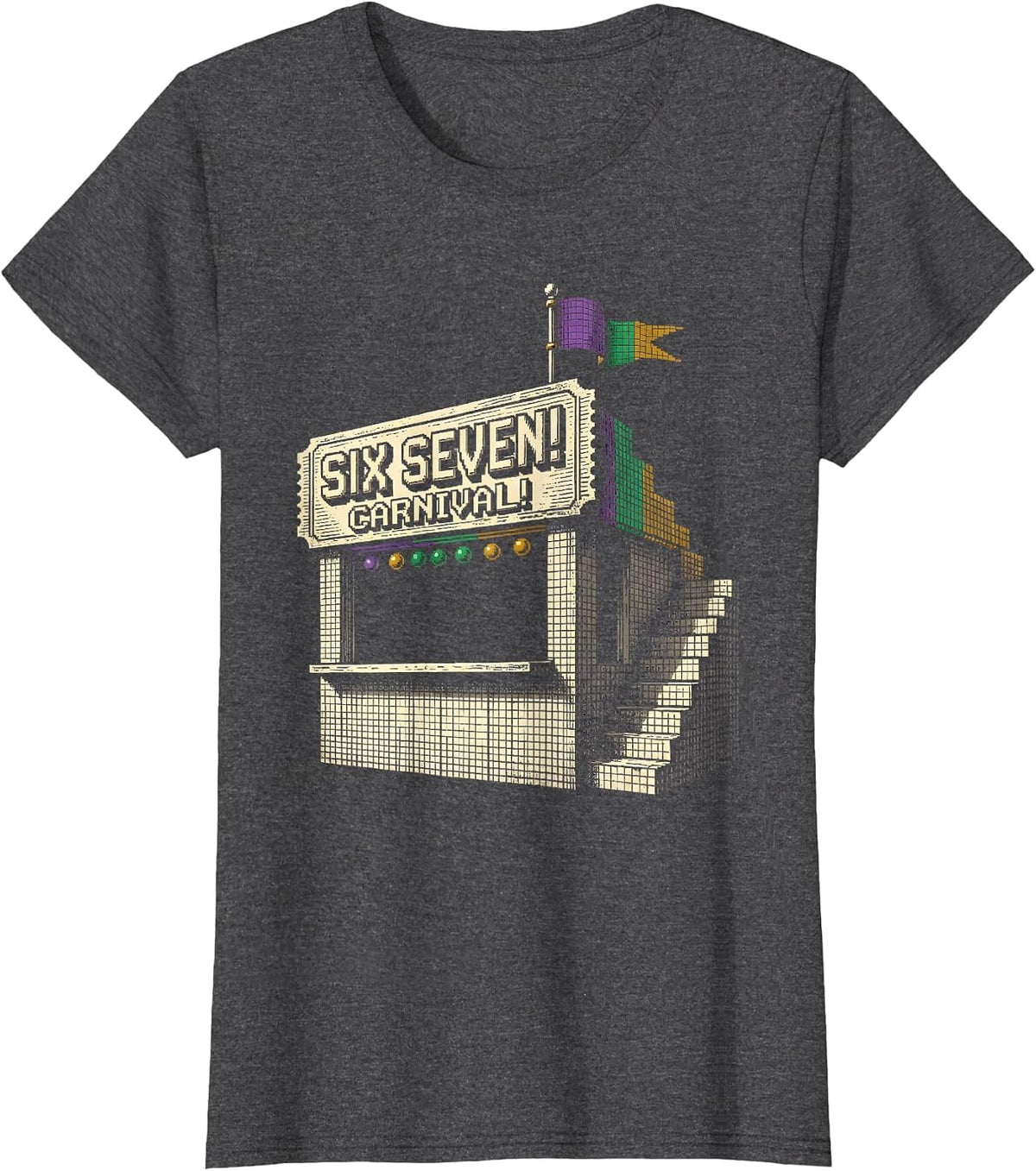 Women's Six Seven! Carnival Pixel Art Mardi Gras Meme Kids Humor T-Shirt - Dark Heather Grey