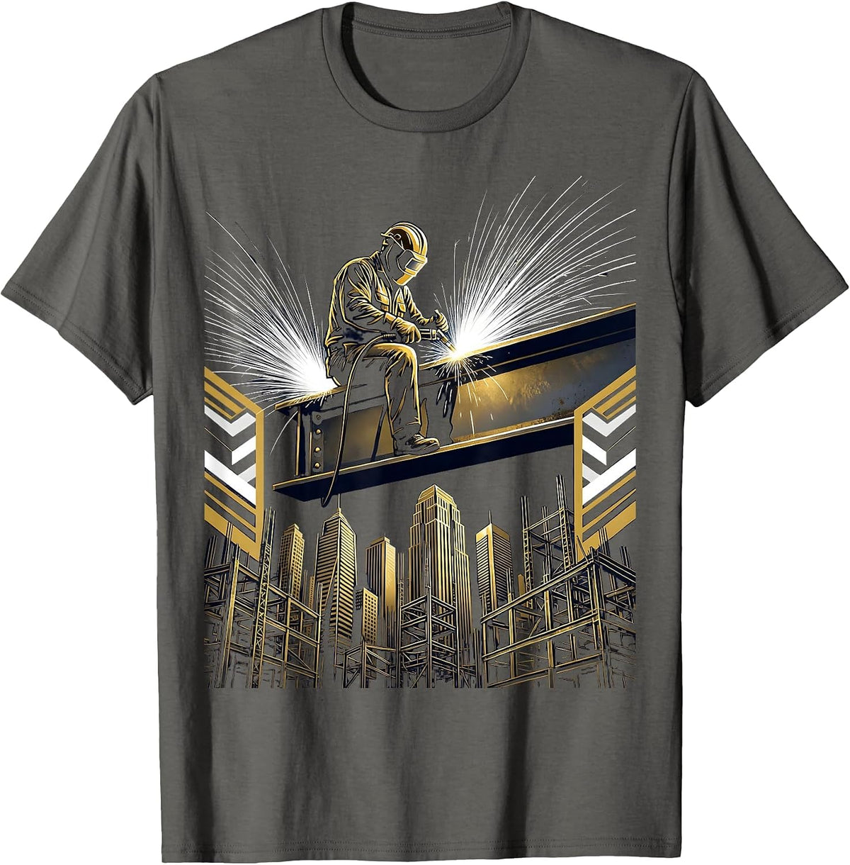 Iron Worker Welding Atop Steel Beam Skyline T-Shirt - Asphalt Grey