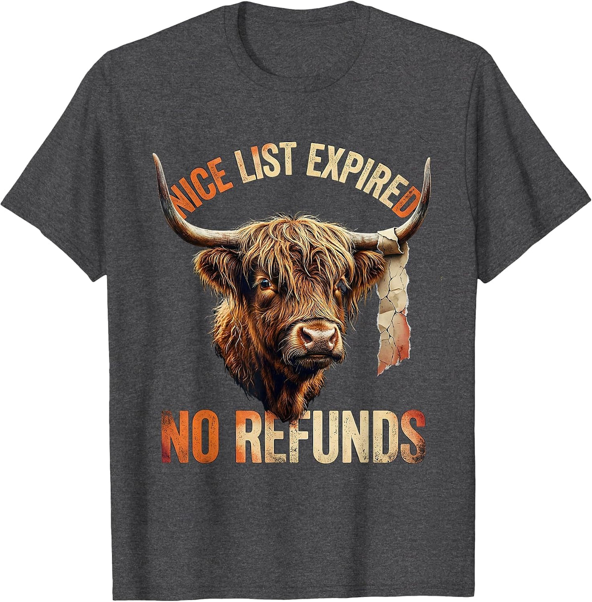 Men's Nice List Expired No Refunds Distressed Highland Cow T-Shirt - Dark Heather Grey