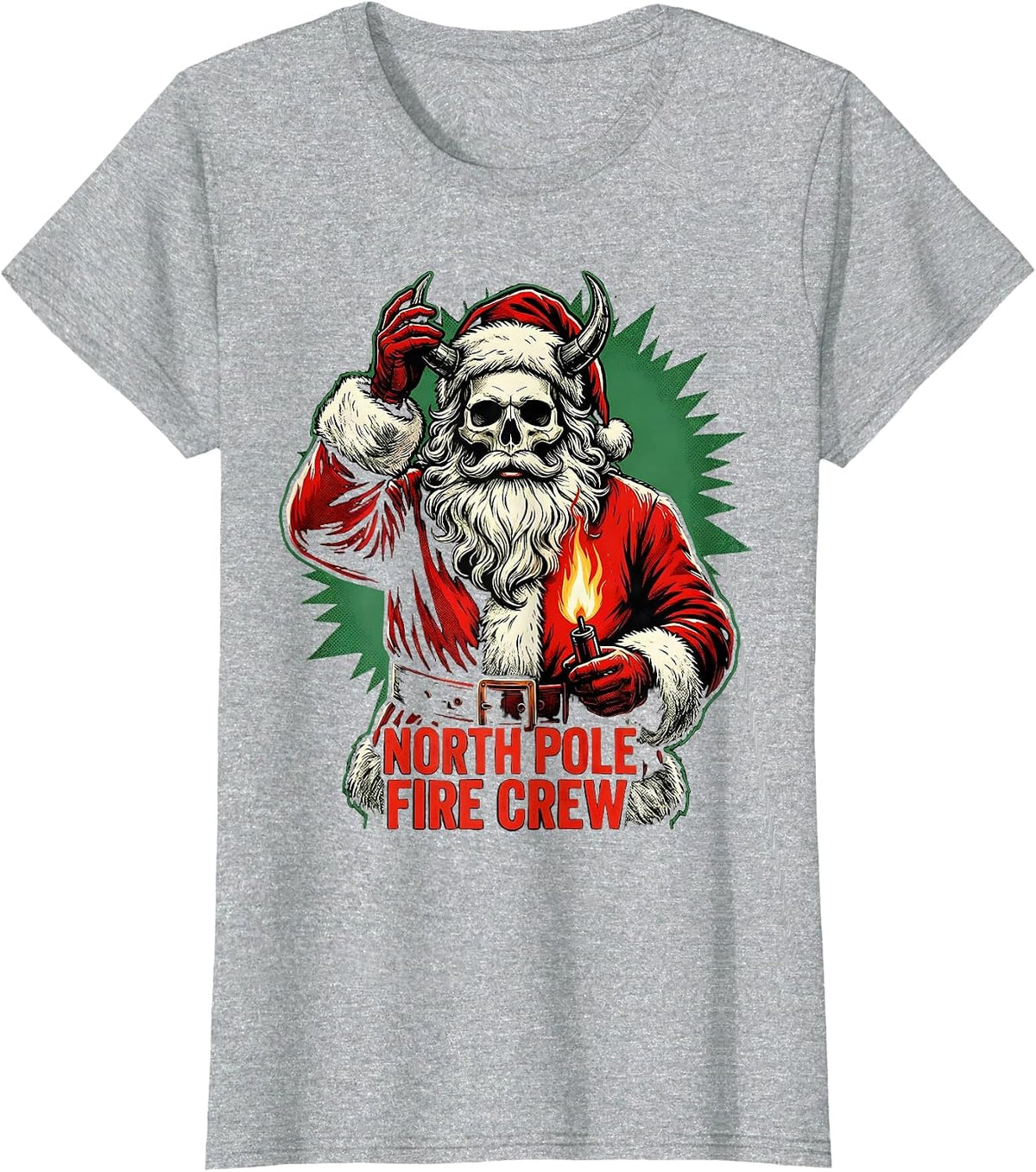 North Pole Fire Crew Heavy Metal Rocker Christmas Santa T-Shirt - Heather Grey