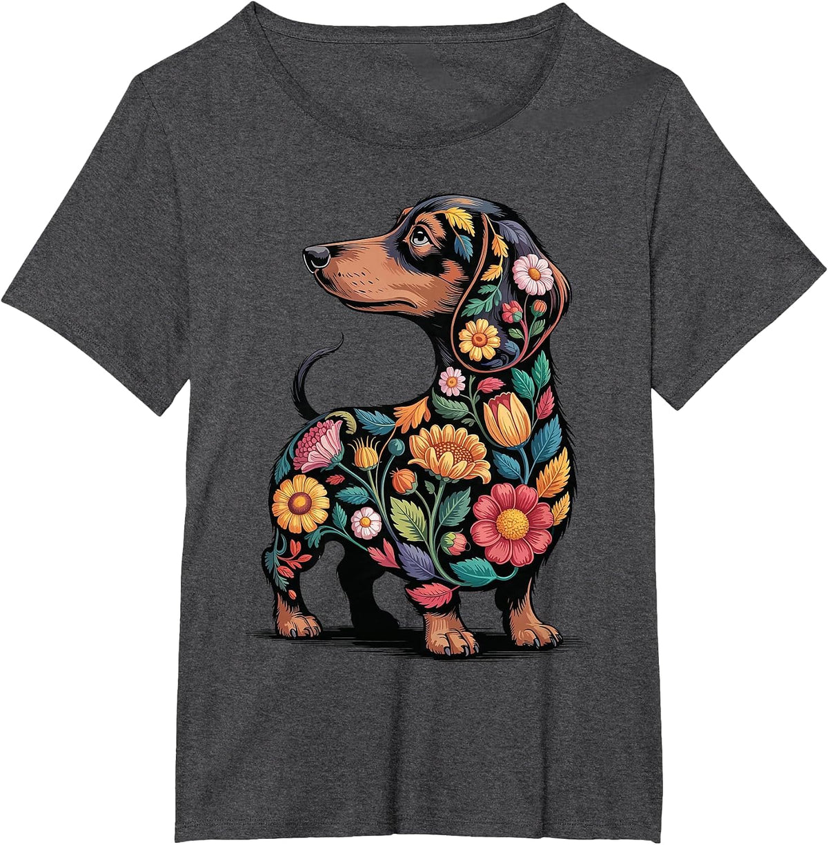 Dachshund Floral Weiner Dog Flowers T-Shirt - Dark Heather Grey