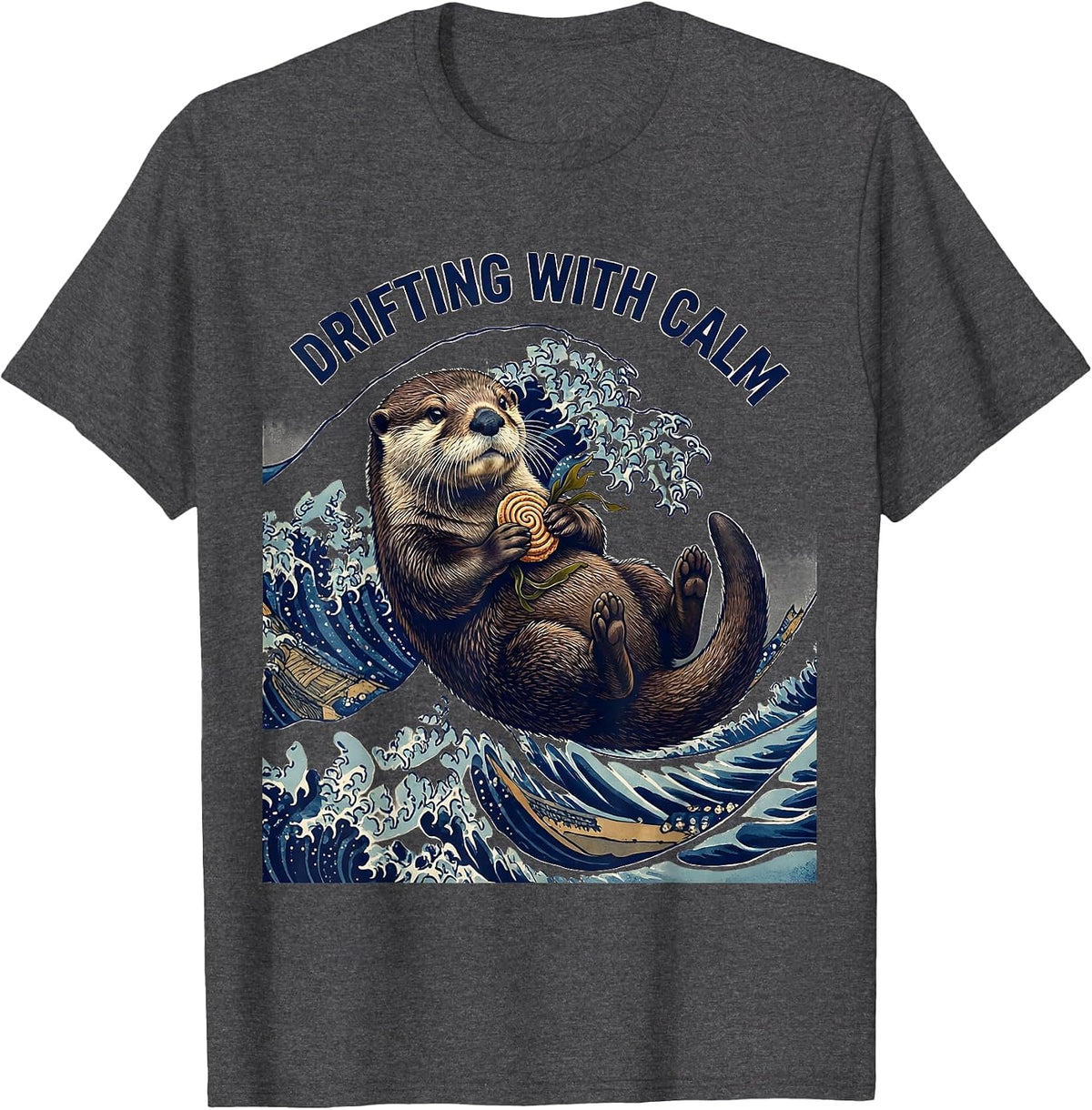 Drifting With Calm Ukiyo-e Sea Otter Lover Pun Humor T-Shirt - Dark Heather Grey
