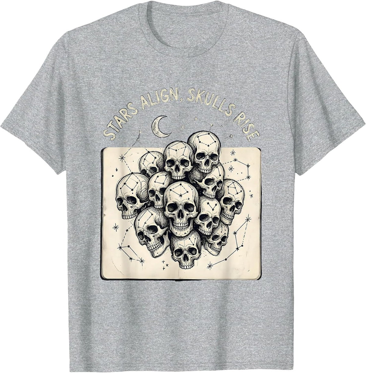 Men's Halloween Tarot Stars Align Skulls Rise Design T-Shirt - Heather Grey