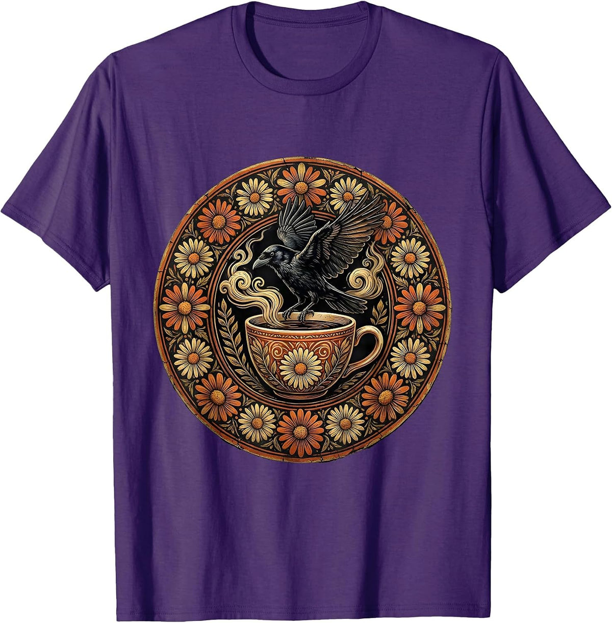 Crow Landing on Coffee Cup Illustration T-Shirt - Purple