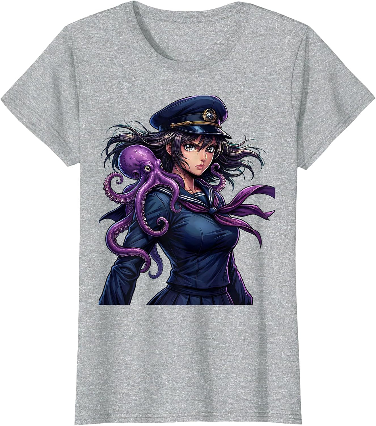Women's Sailor Woman With Octopus Companion Illustration T-Shirt - Heather Grey