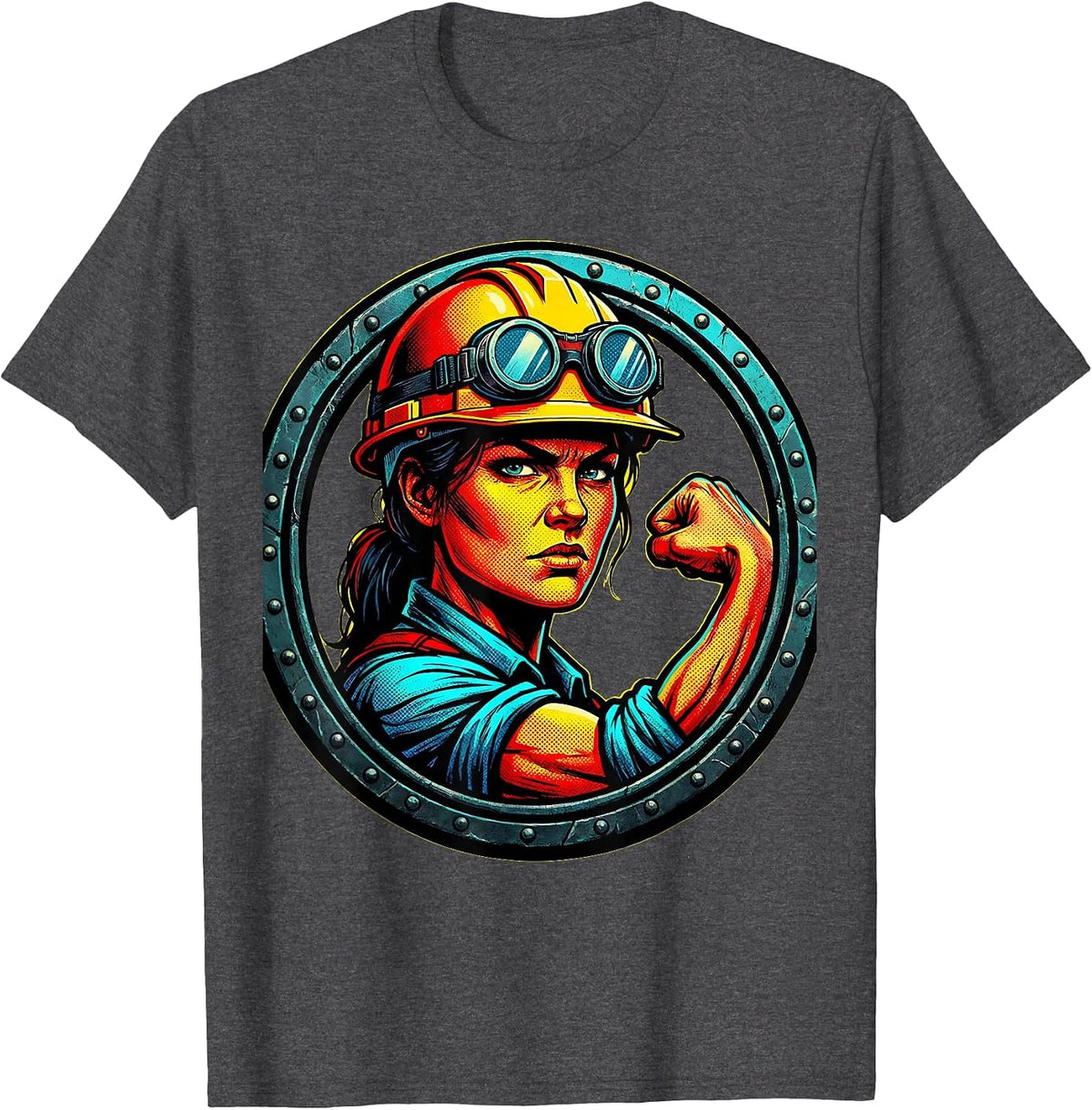 Rosie the Riveter Hard Hat and Goggles Illustration T-Shirt - Dark Heather Grey