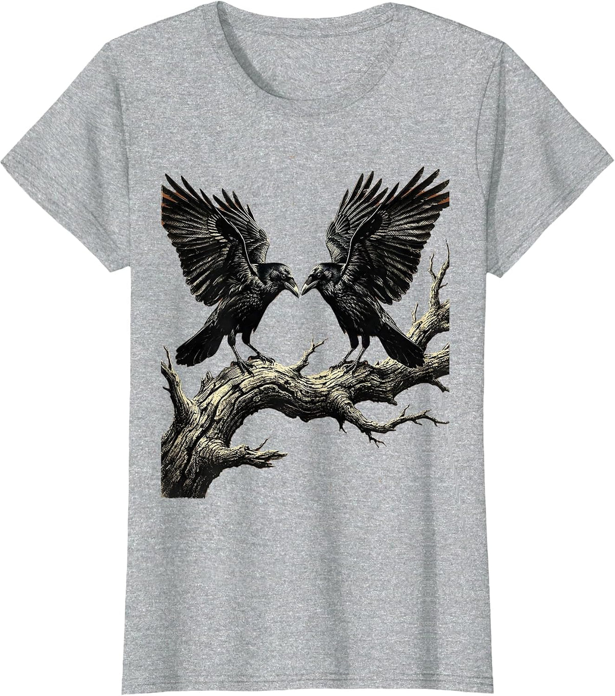 Women's Two Crows on Dead Branch Standoff Illustration T-Shirt - Heather Grey