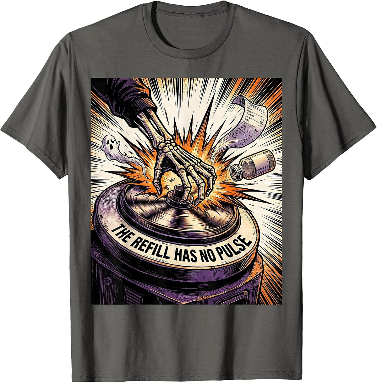 Men's The Refill Has No Pulse Funny Pharmacy Tech Halloween T-Shirt - Asphalt Grey