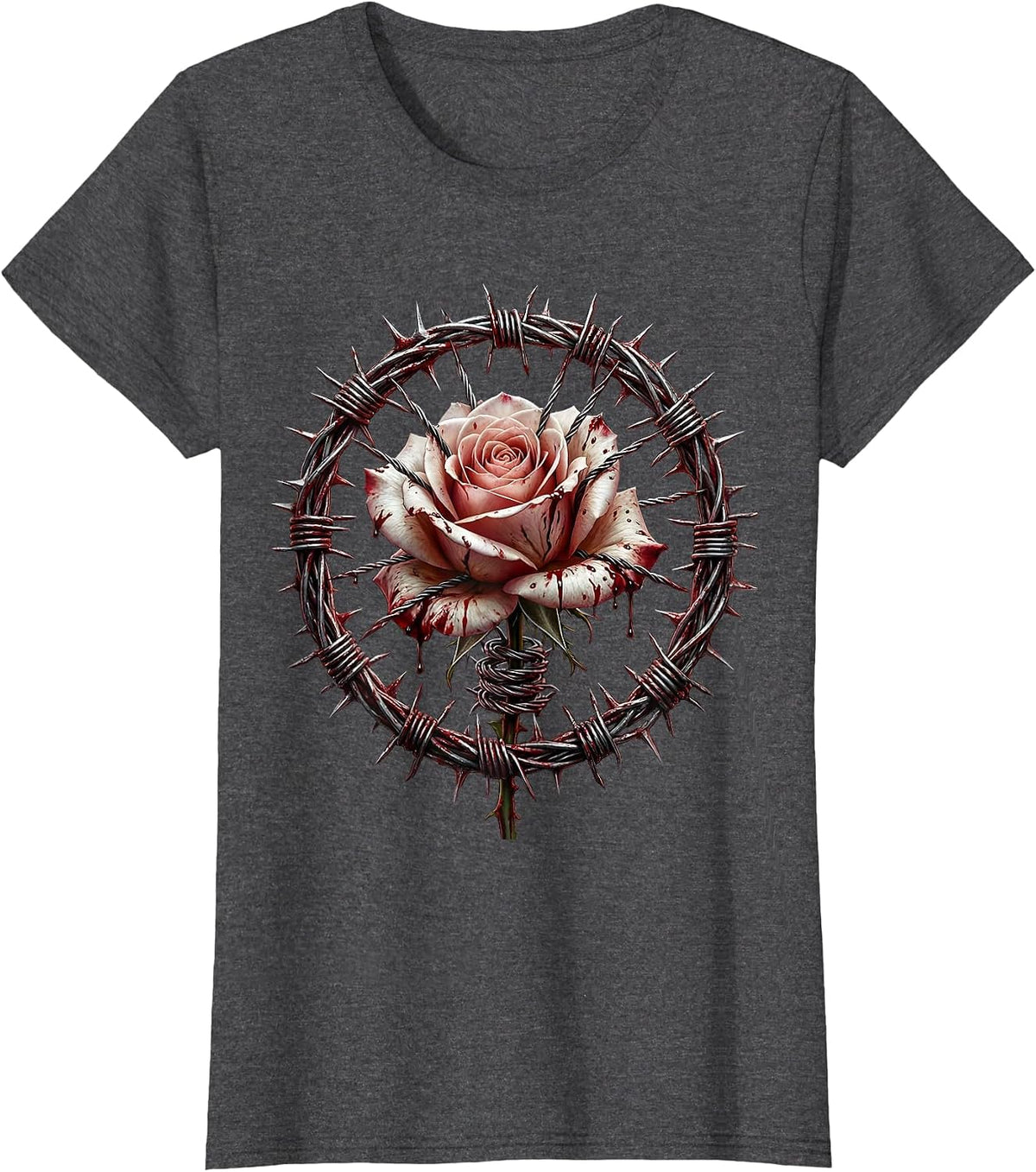 Women's Grunge Barbed Wire Rose Graphic Design T-Shirt - Dark Heather Grey