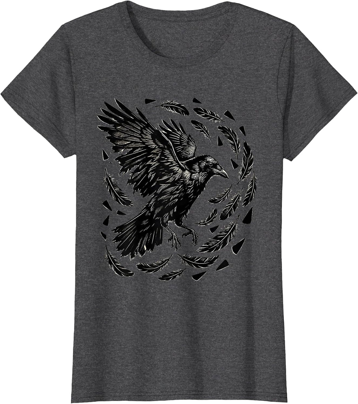Women's Crow Molting Feathers Scattering in the Wind T-Shirt - Dark Heather Grey