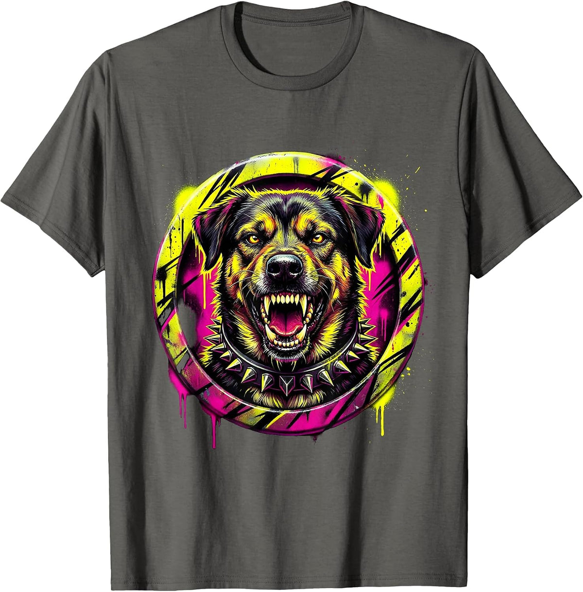 Punk Rock Snarling Studded Collar Dog Graphic T-Shirt - Asphalt Grey