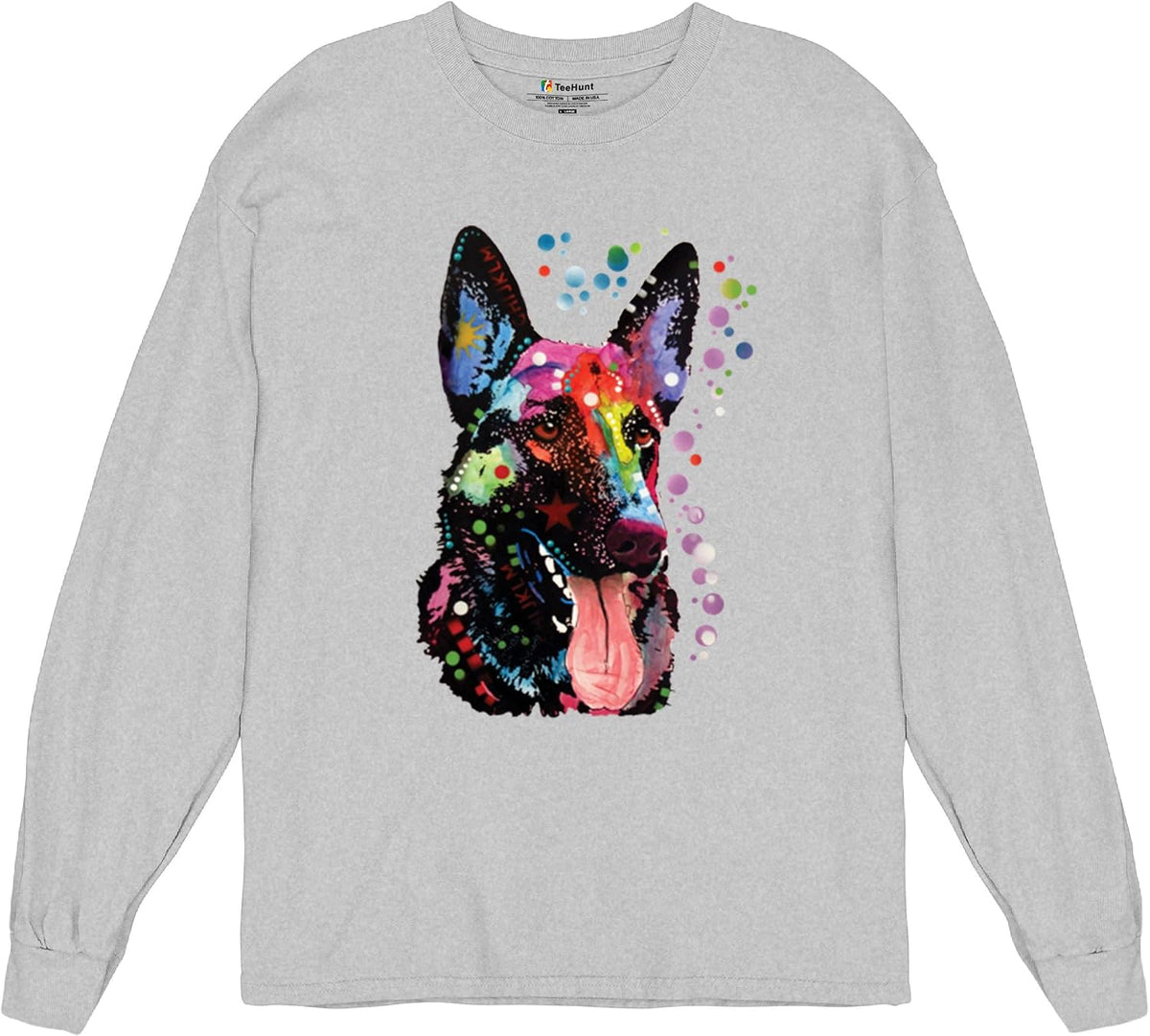 Tee Hunt Dean Russo German Shepherd Long Sleeve T-Shirt Colorful Dog Best Friend - Gray