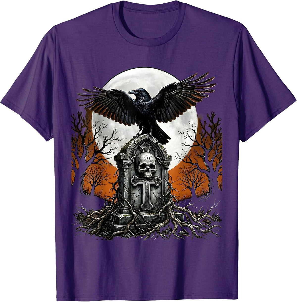 Men's Gothic Crow on Gravestone Halloween Design T-Shirt - Purple
