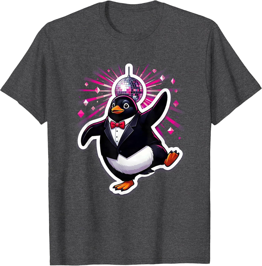Men's Penguin in Tuxedo Dancing Under Disco Ball T-Shirt - Dark Heather Grey