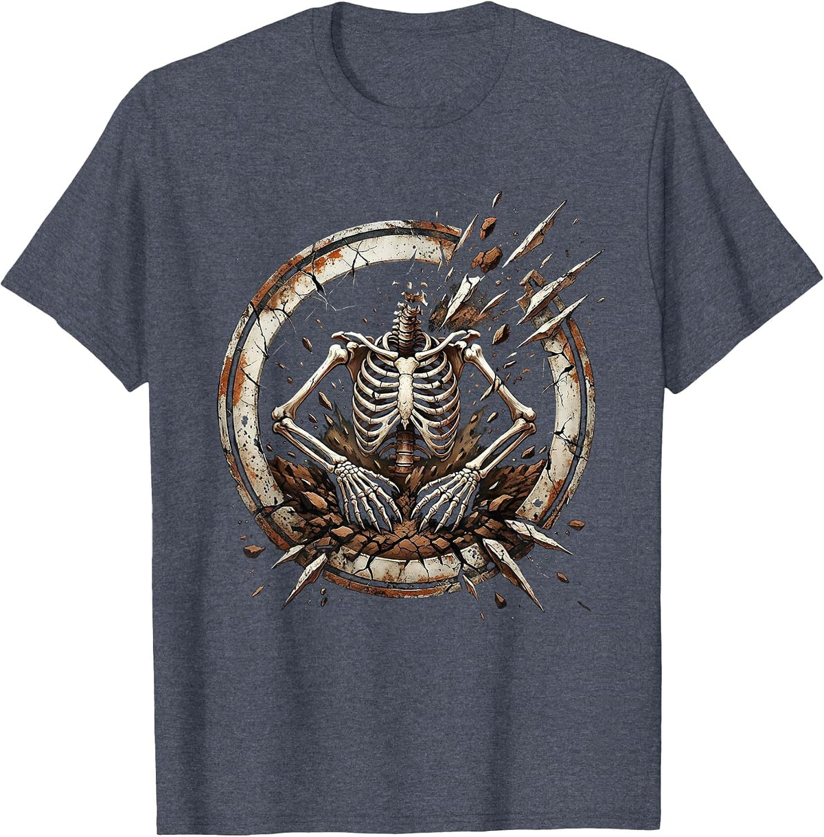 Grave Digger Skeleton Rising From Cracked Earth T-Shirt - Heather Blue