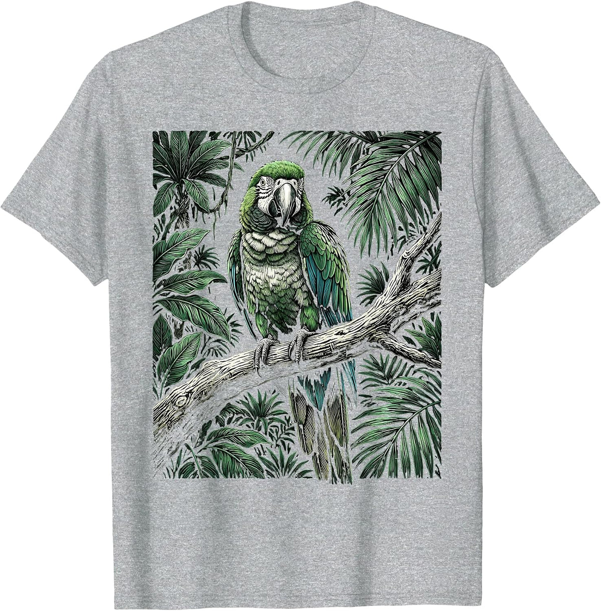 Men's Parakeet on Tropical Jungle Branch Illustration T-Shirt - Heather Grey