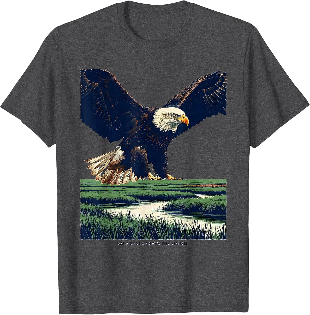 Men's Bald Eagle Above The Marsh Screenprint Patriotic Wildlife T-Shirt - Dark Heather Grey