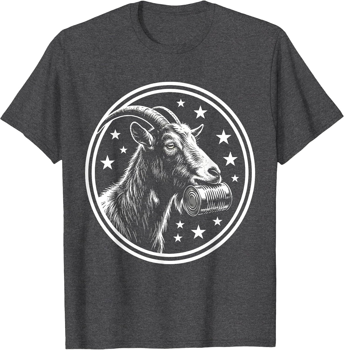 Men's Funny Goat Eating Tin Can With Stars Graphic T-Shirt - Dark Heather Grey