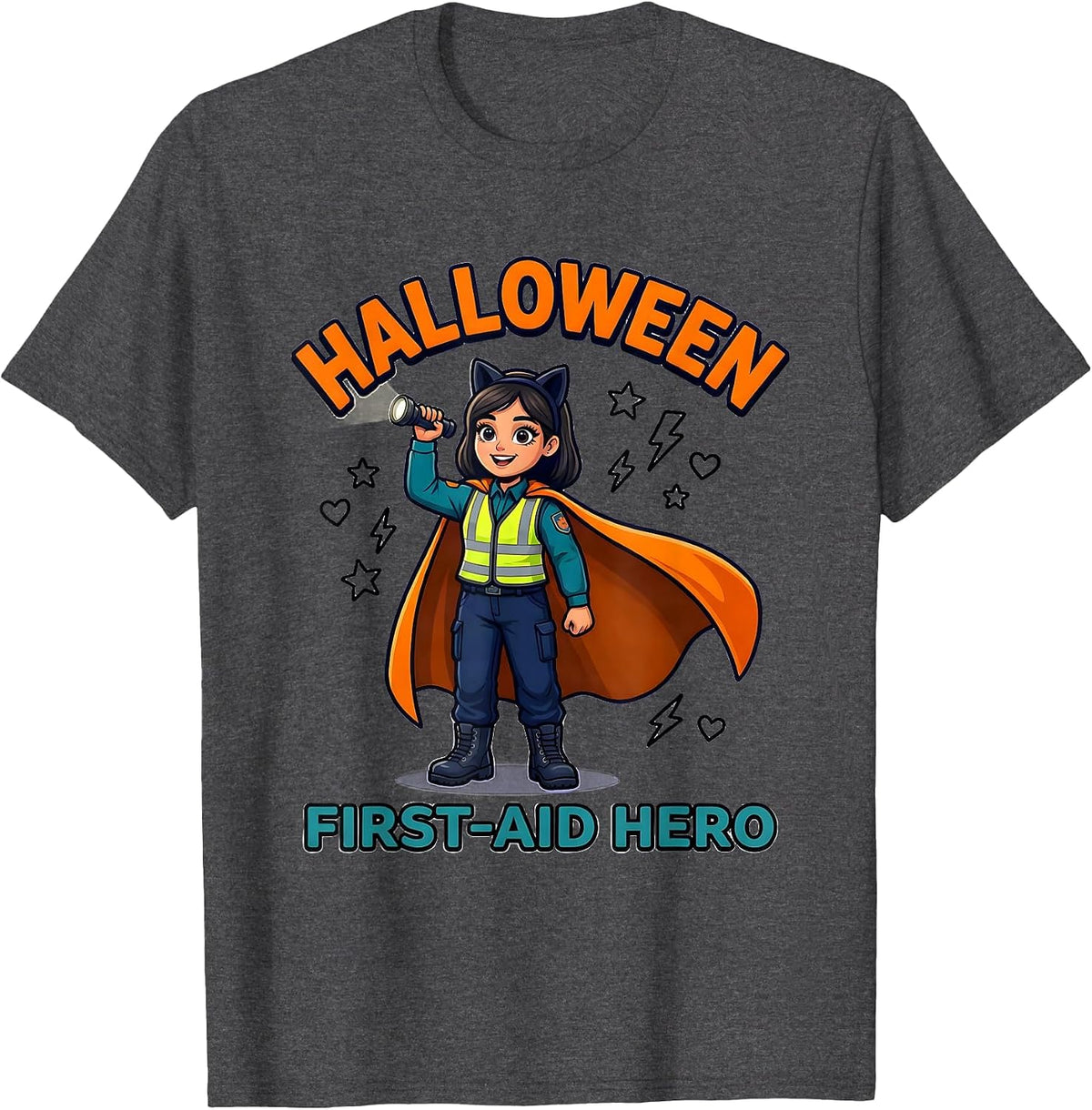 HALLOWEEN FIRST-AID HERO Cartoon Volunteer EMT Halloween T-Shirt - Dark Heather Grey