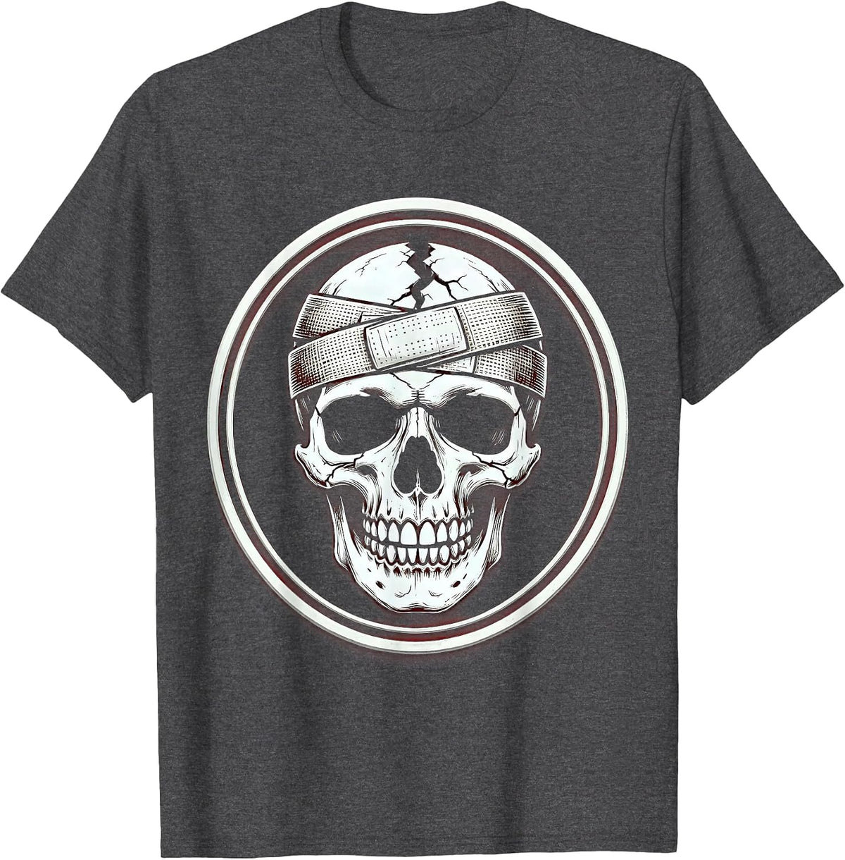 Cracked Skull Bandage Smile Graphic Design T-Shirt - Dark Heather Grey
