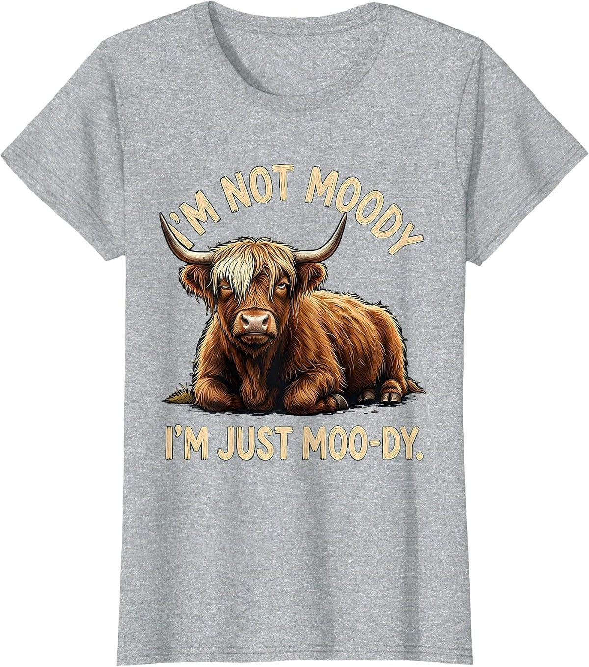 I'm Not Moody I'm Just Moo-dy Funny Highland Cow Cartoon T-Shirt - Heather Grey