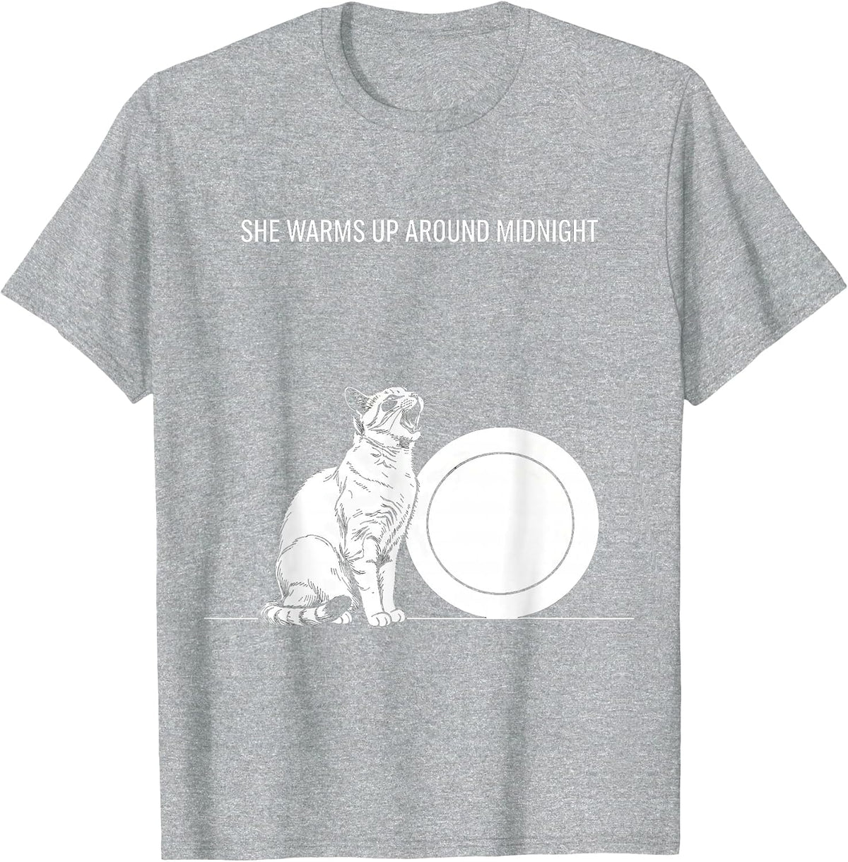 Men's She Warms Up Around Midnight Line Art Cat Howling at Moon T-Shirt - Heather Grey