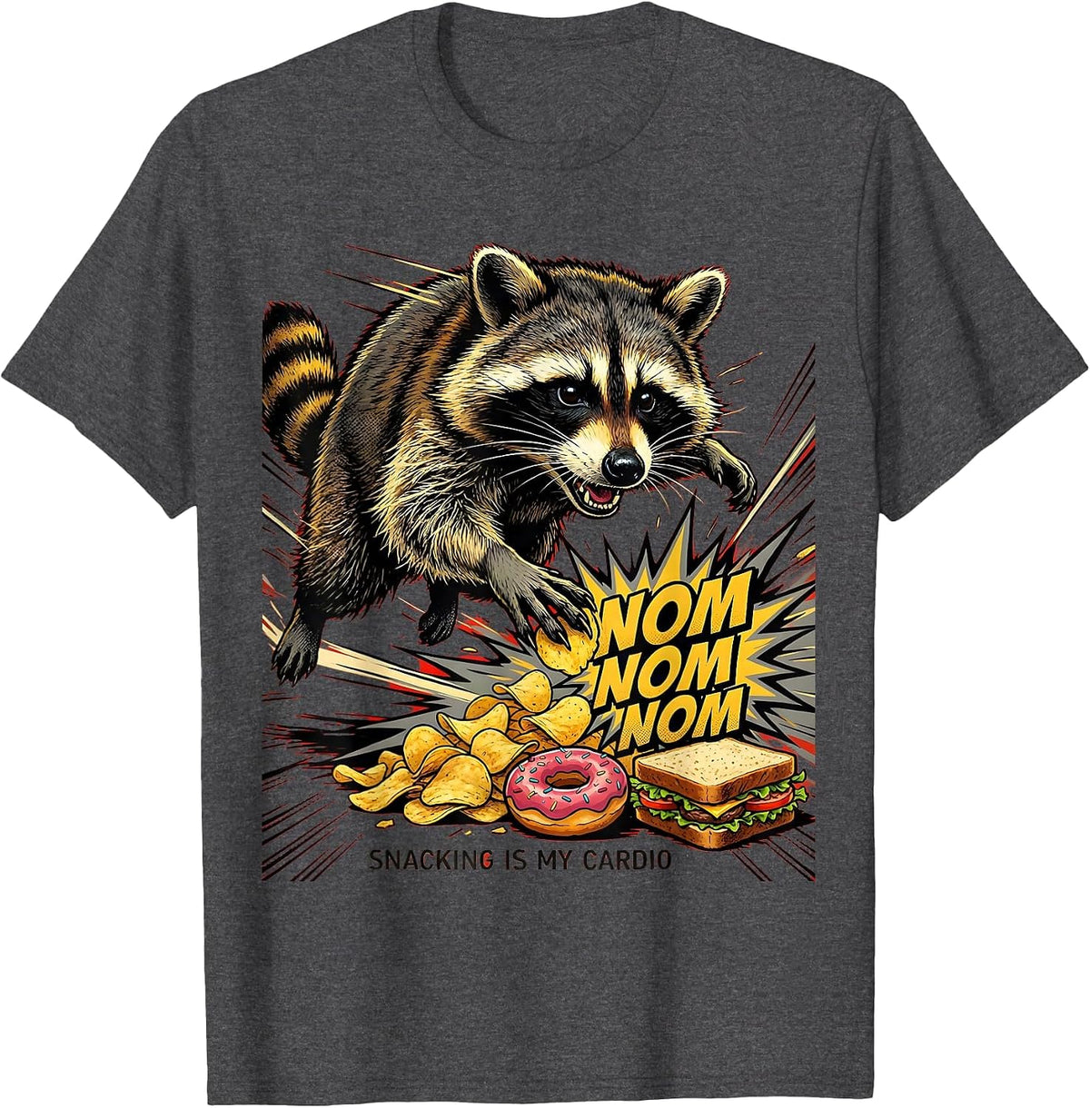Snacking Is My Cardio Funny Raccoon Design T-Shirt - Dark Heather Grey