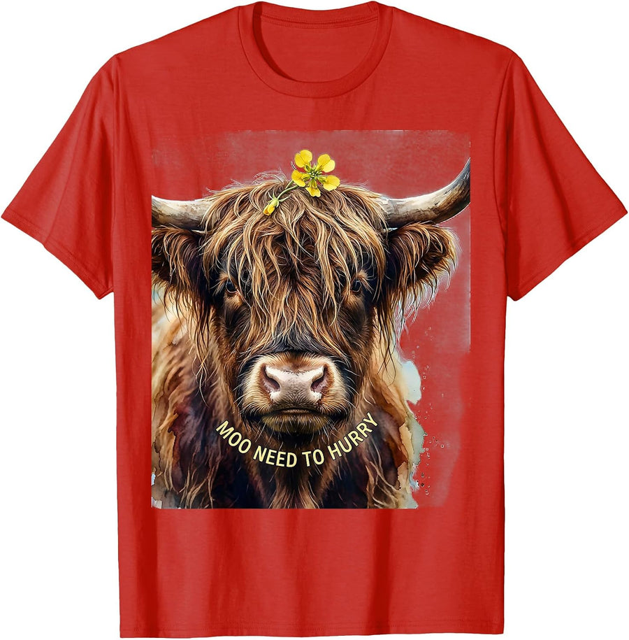 Men's Moo Need To Hurry Watercolor Highland Cow Farm Animal Humor T-Shirt - Red