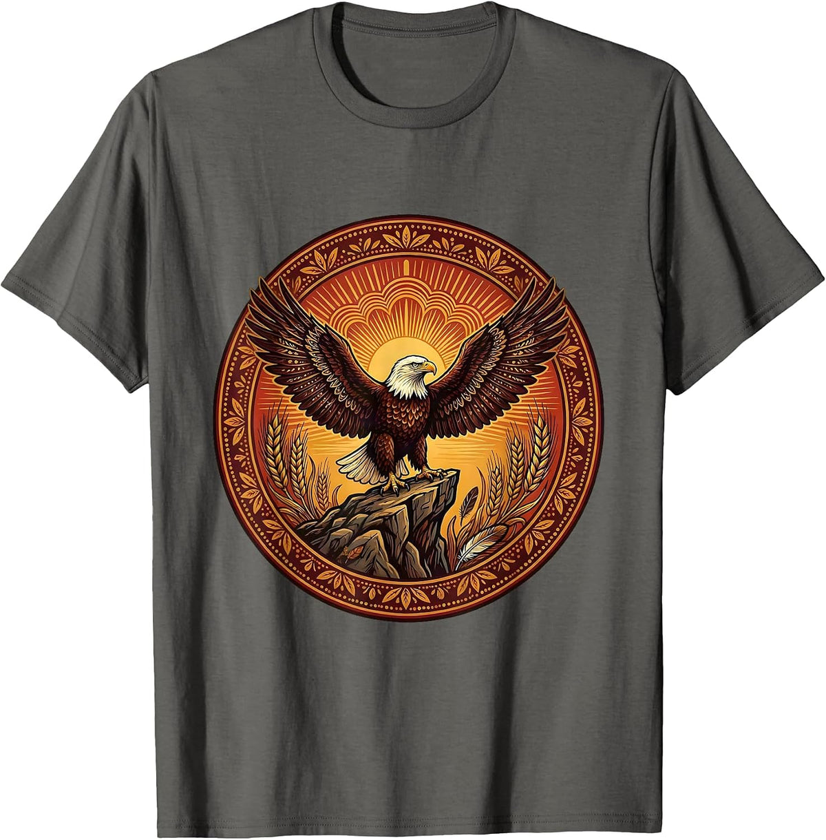 Men's Bald Eagle Cliff Sunrise Thanksgiving Design T-Shirt - Asphalt Grey