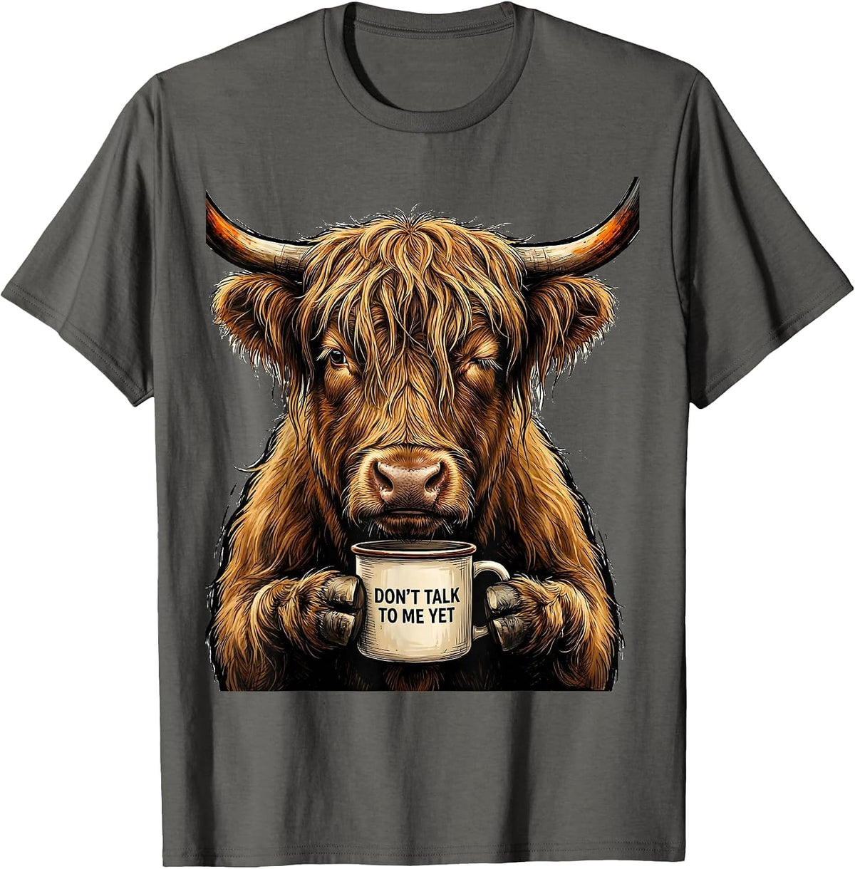 Men's Don't Talk To Me Yet Funny Highland Cow Coffee Lover Graphic T-Shirt - Asphalt Grey