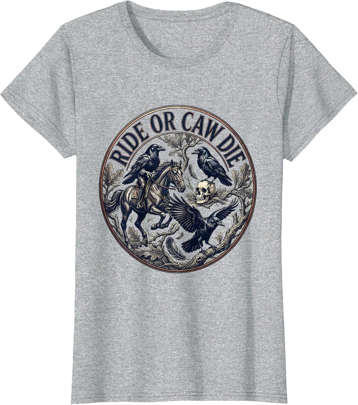 Ride or Caw Die Crow Bird Graphic Design T-Shirt - Heather Grey