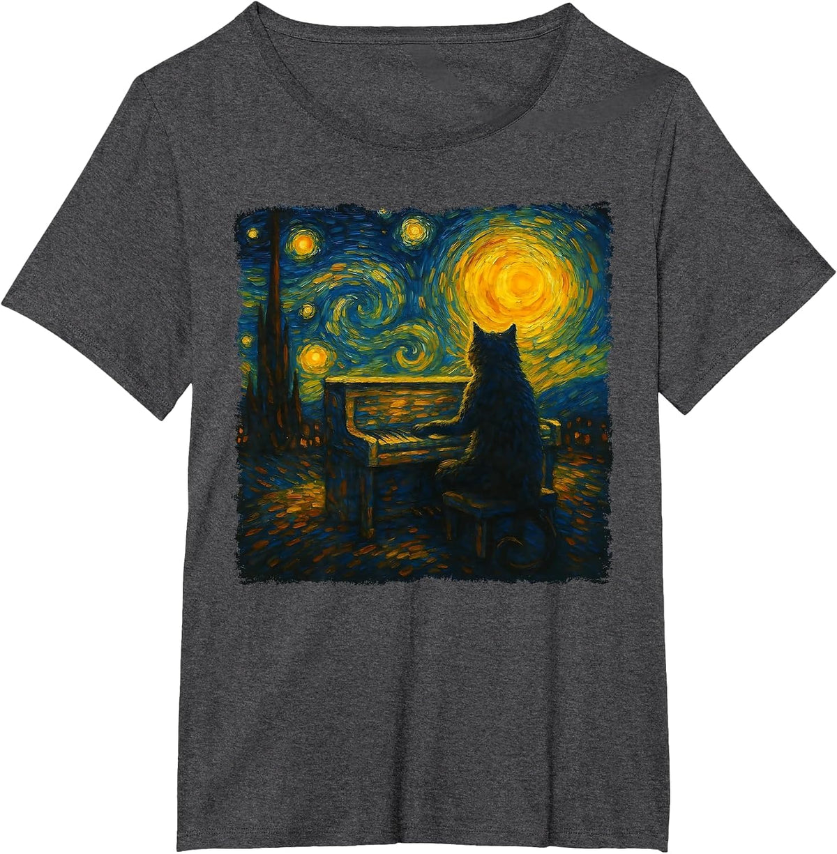 Funny Black Cat Playing Piano Starry Night Vincent Van Gogh T-Shirt - Dark Heather Grey