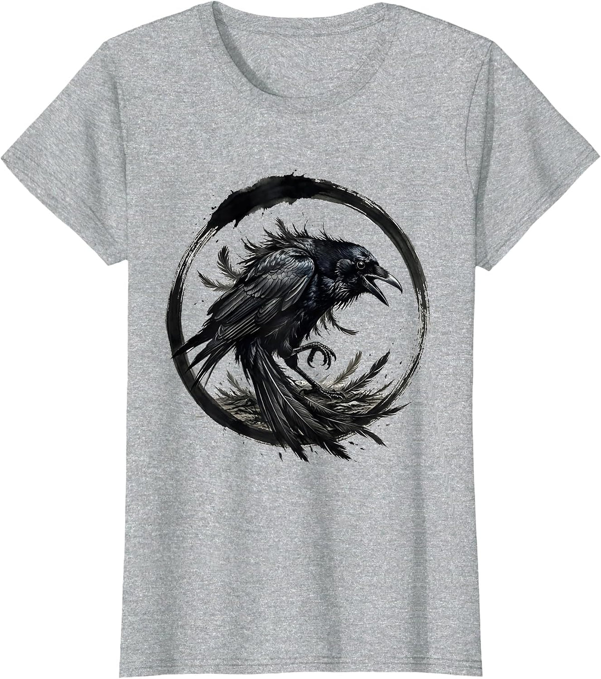 Wild Crow Ruffled Feathers Storm Wind Illustration T-Shirt - Heather Grey