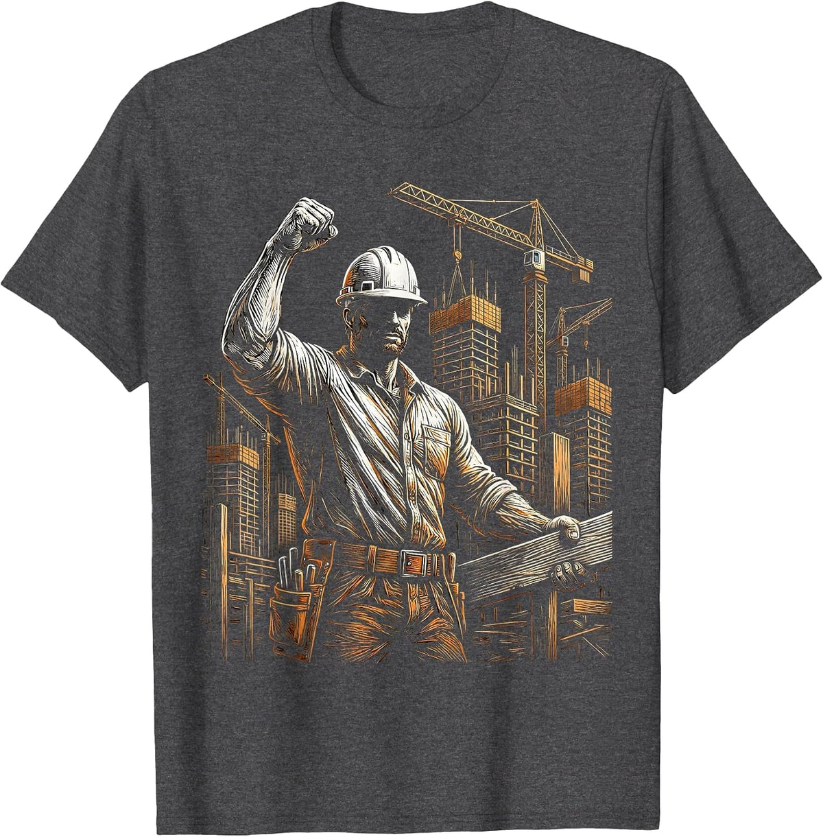 Labor Day Construction Worker City Skyline T-Shirt - Dark Heather Grey