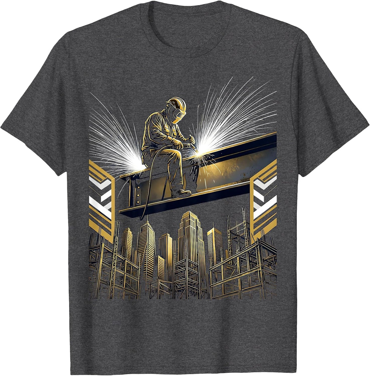 Iron Worker Welding Atop Steel Beam Skyline T-Shirt - Dark Heather Grey