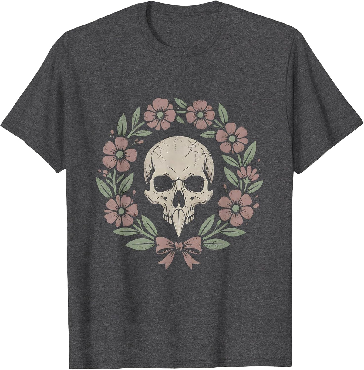 Crow Skull Wildflowers Halloween Gothic Floral Art T-Shirt - Dark Heather Grey