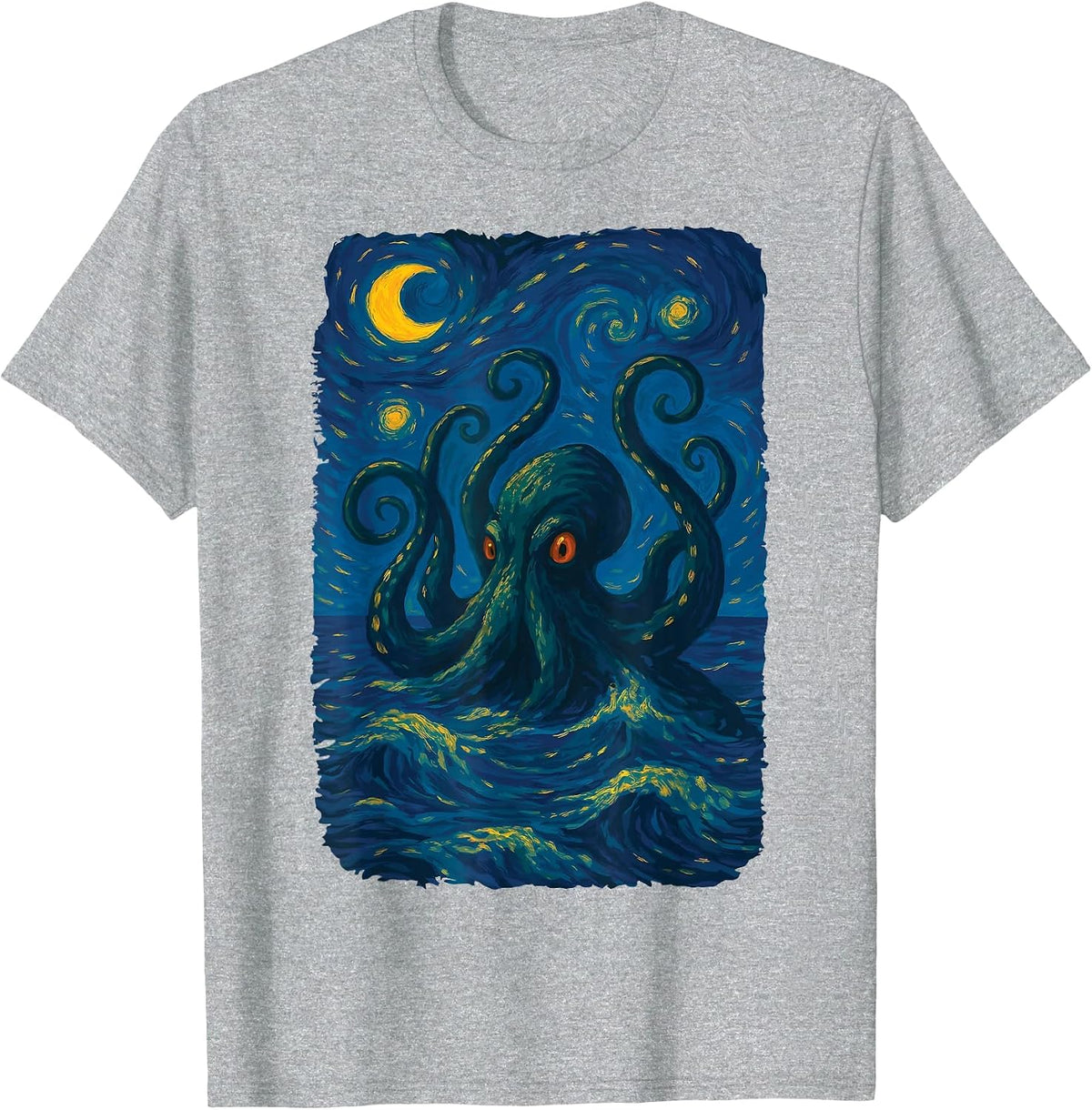 Starry Night Kraken Ocean Art Van Gogh Octopus Sea Monster T-Shirt - Heather Grey