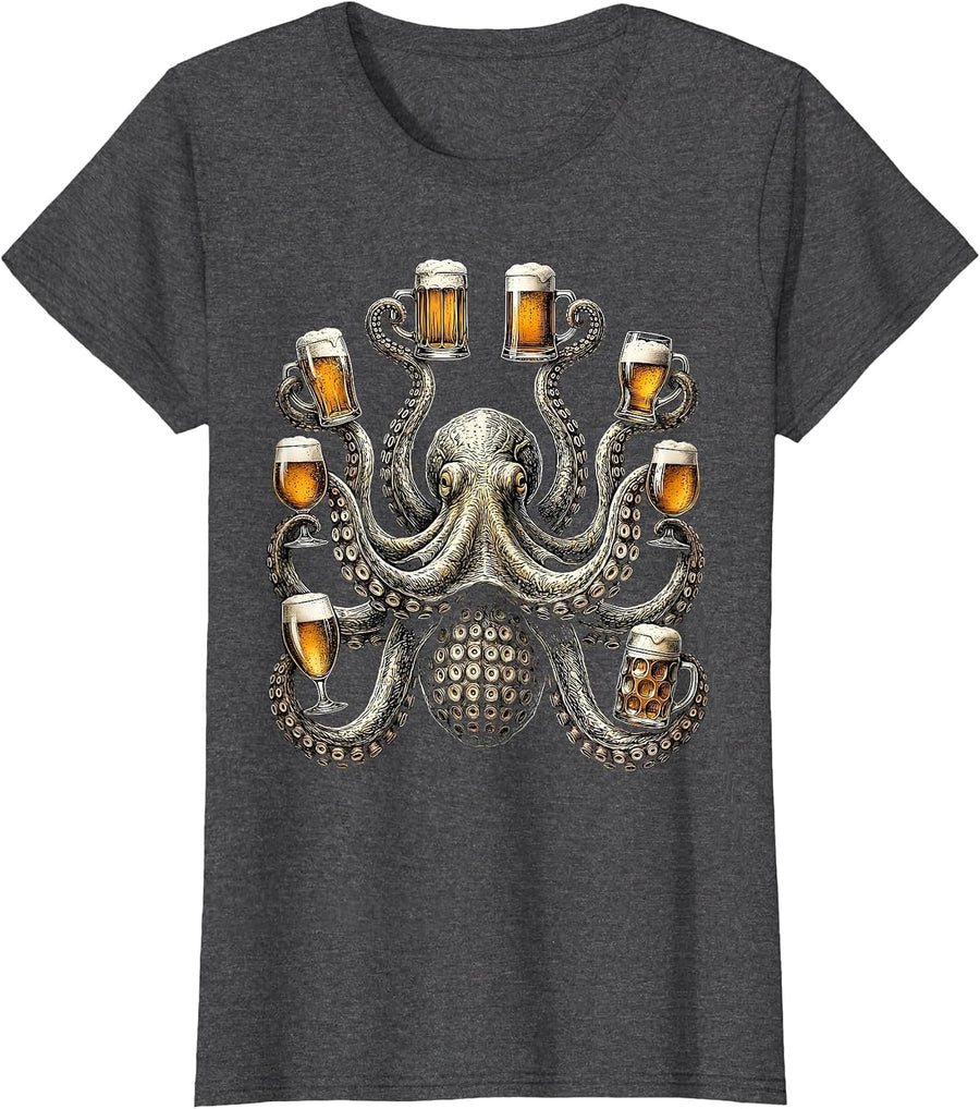 Octopus Holding Eight Beers Funny Drinking Art T-Shirt, Women, Dark Heather Grey, Medium - As Pictured