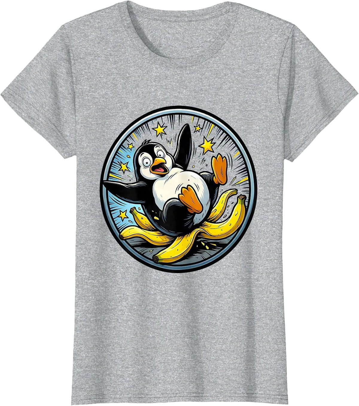 Derpy Penguin Slipping on Banana Peel T-Shirt - Heather Grey